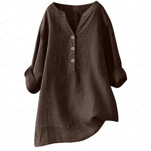 XIAONU Women's Linen Henley Tunic Oversized 3/4 Sleeves V Neck Pullover Blouse Airy Relaxed Errands Tunics