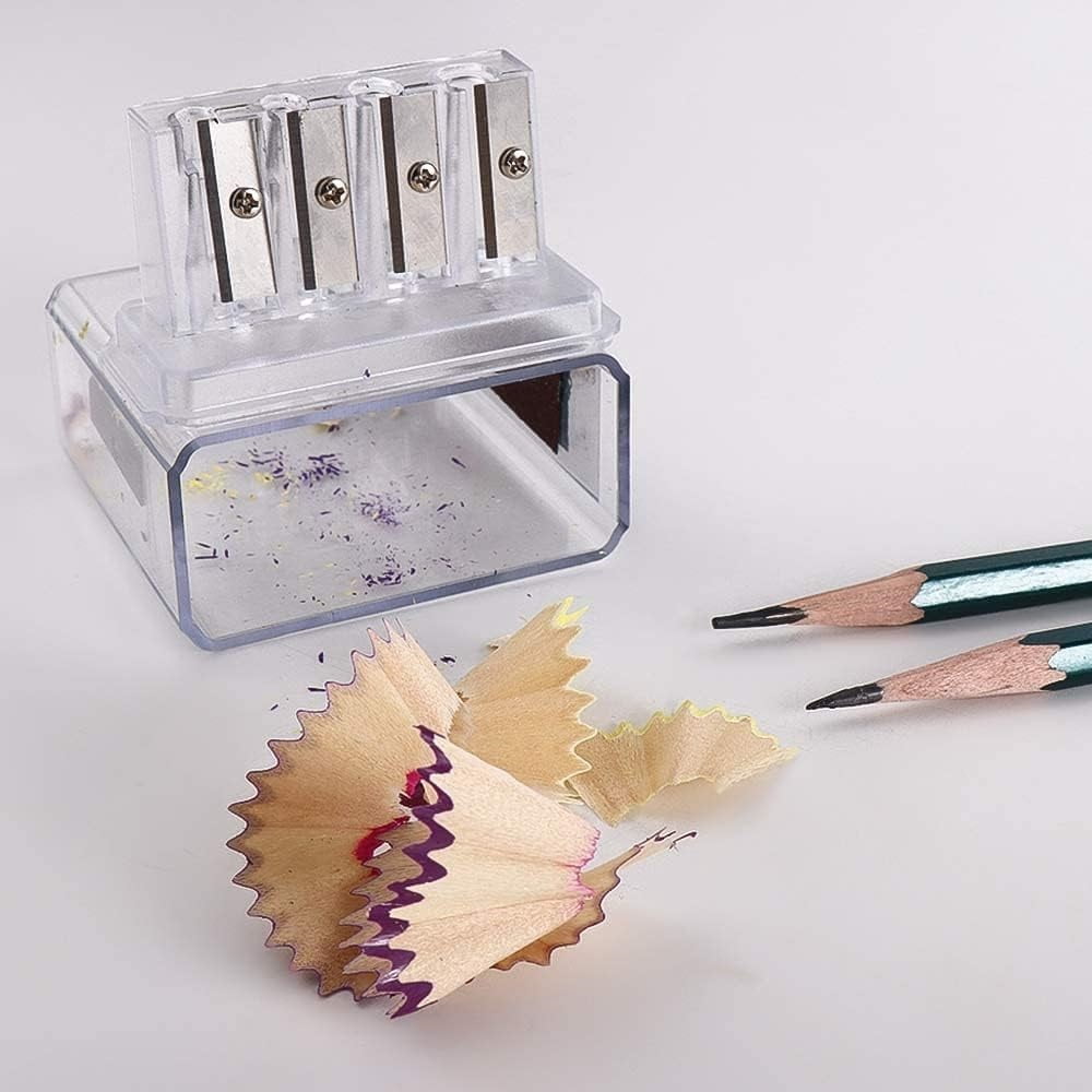 4 Pieces Long Point Manual Pencil Sharpener with Plastic Lid 4 Holes Handheld Sharpener for Sketching, Charcoal, Colored Pencils (Transparent)