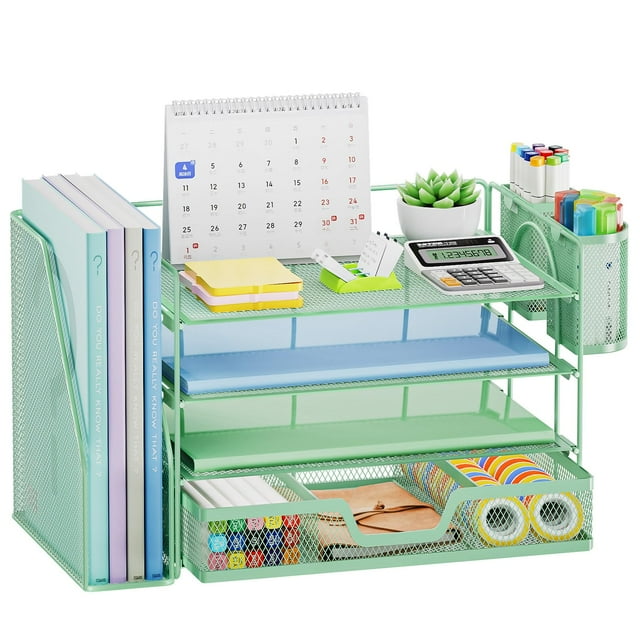 Organizador de escritorio Marbrasse de 4 niveles con archivador y cajón, color verde