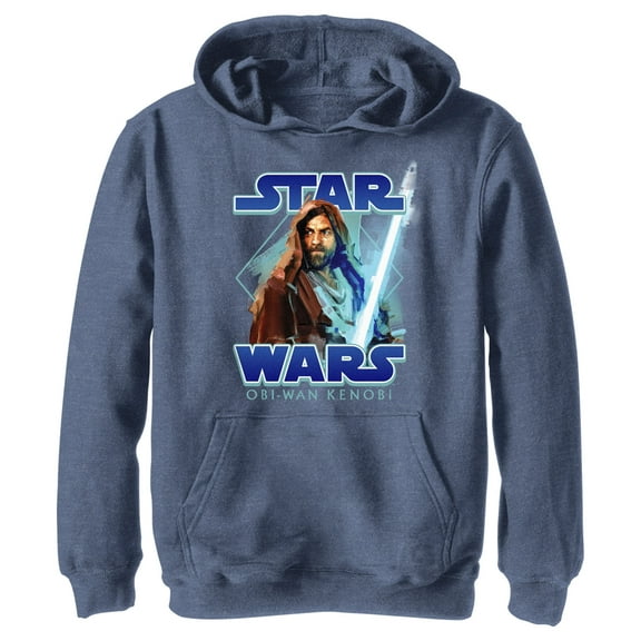 Boy's Star Wars: Obi-Wan Kenobi Jedi Lightsaber with Brushstroke Kenobi  Pull Over Hoodie Navy Blue Heather Small