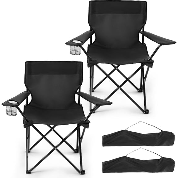 2-Pack Foldable Camping Chairs with Cup Holder, 300LB Lawn Portable Folding Chairs for Adults, Lightweight Outdoor Beach Chairs with Carry Bag for Camp, Fishing, Sports (Black)