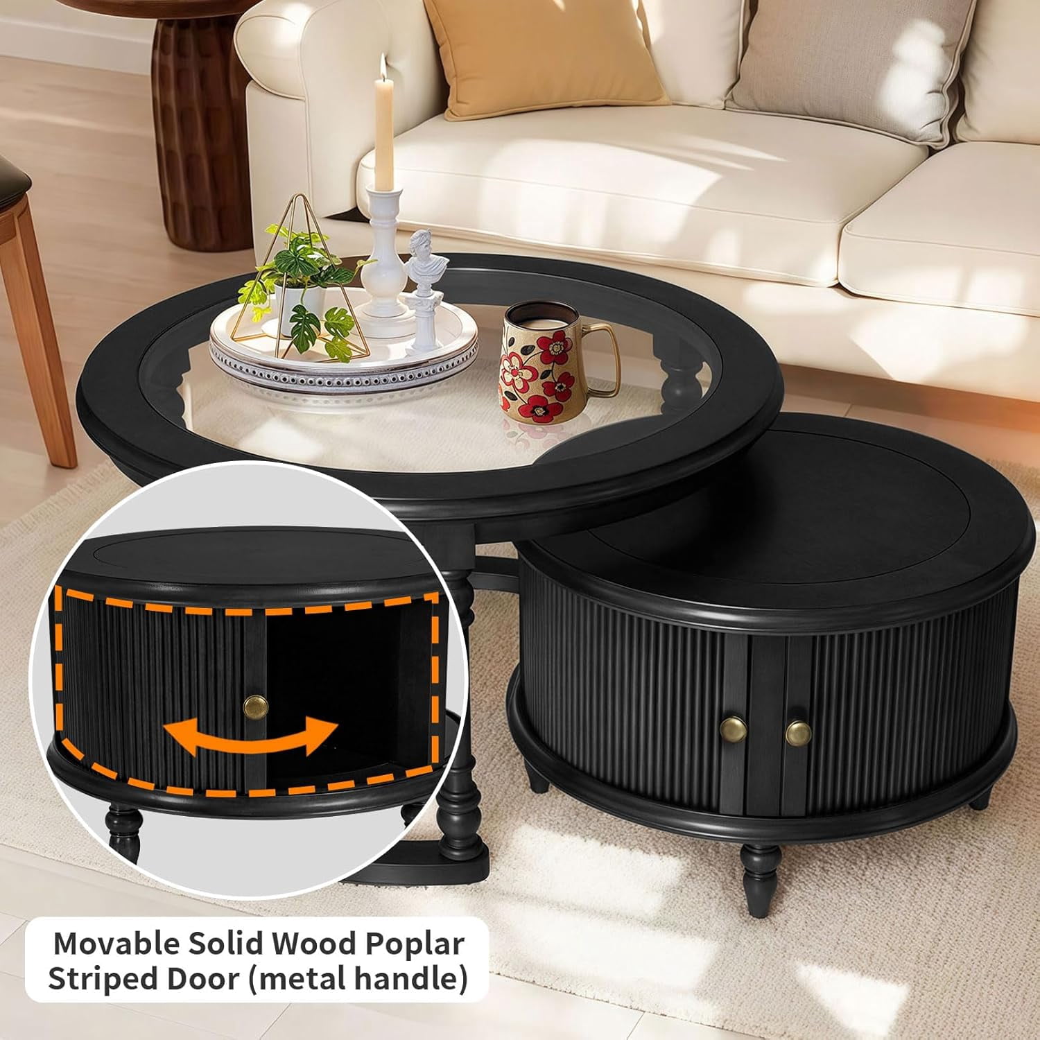 LKTART Nesting Coffee Table for Living Room,Round Tempered Glass Solid Wood Nest Coffee Tables with Storage,Retro Small Accent Center Table