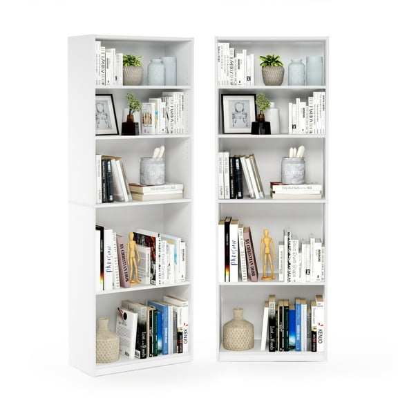 Furinno JAYA Set of 2 5-Tier Bookshelf with Adjustable Shelf in White