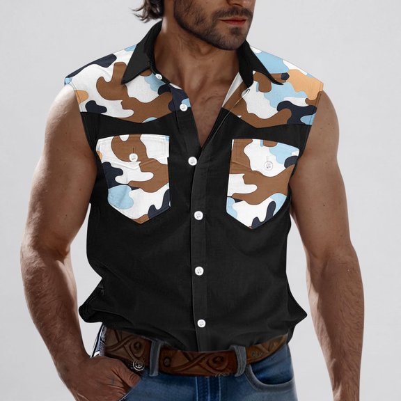 CLOISE Summer Tops for Men Sleeveless Sleeveless Big and Tall Shirts with Pockets Collared Casual Pullover Tank Tops Color Block Blouses Black