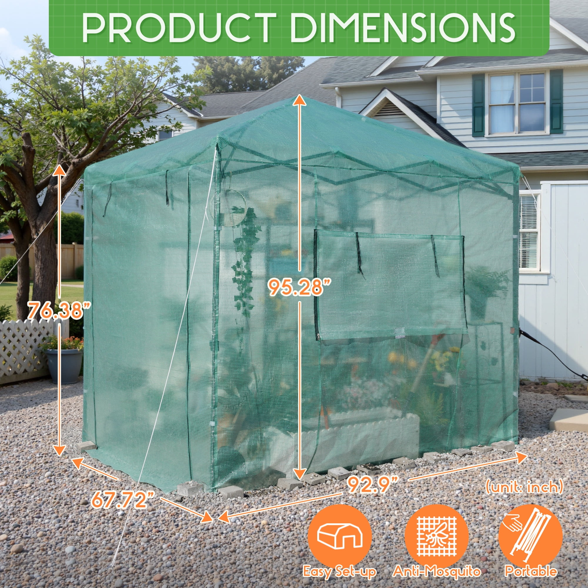 Vineego 8*6 Ft Portable Pop-Up Walk-in Greenhouse with Central Lock Windproof PE Cover, Double-Layer Windows, for Garden and Backyard, Green