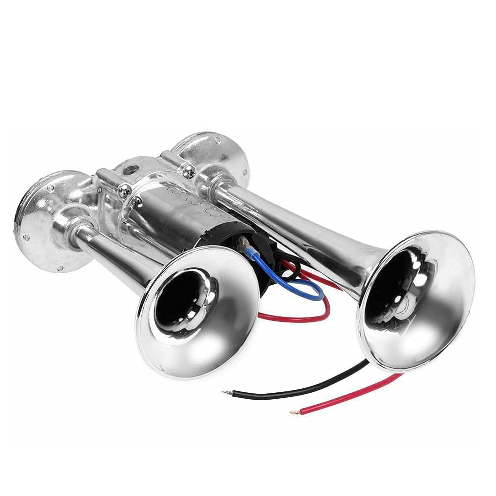 Dual Trumpet Air Horn Loud Air Horn with Compressor12V 105db,chrome zinc  silver red Trumpet with Compressor chrome zinc(double horn(silverï¼‰pumpï¼ˆred)ï¼‰  , Dual Trumpet Air Horn for Any 12V Vehicles 