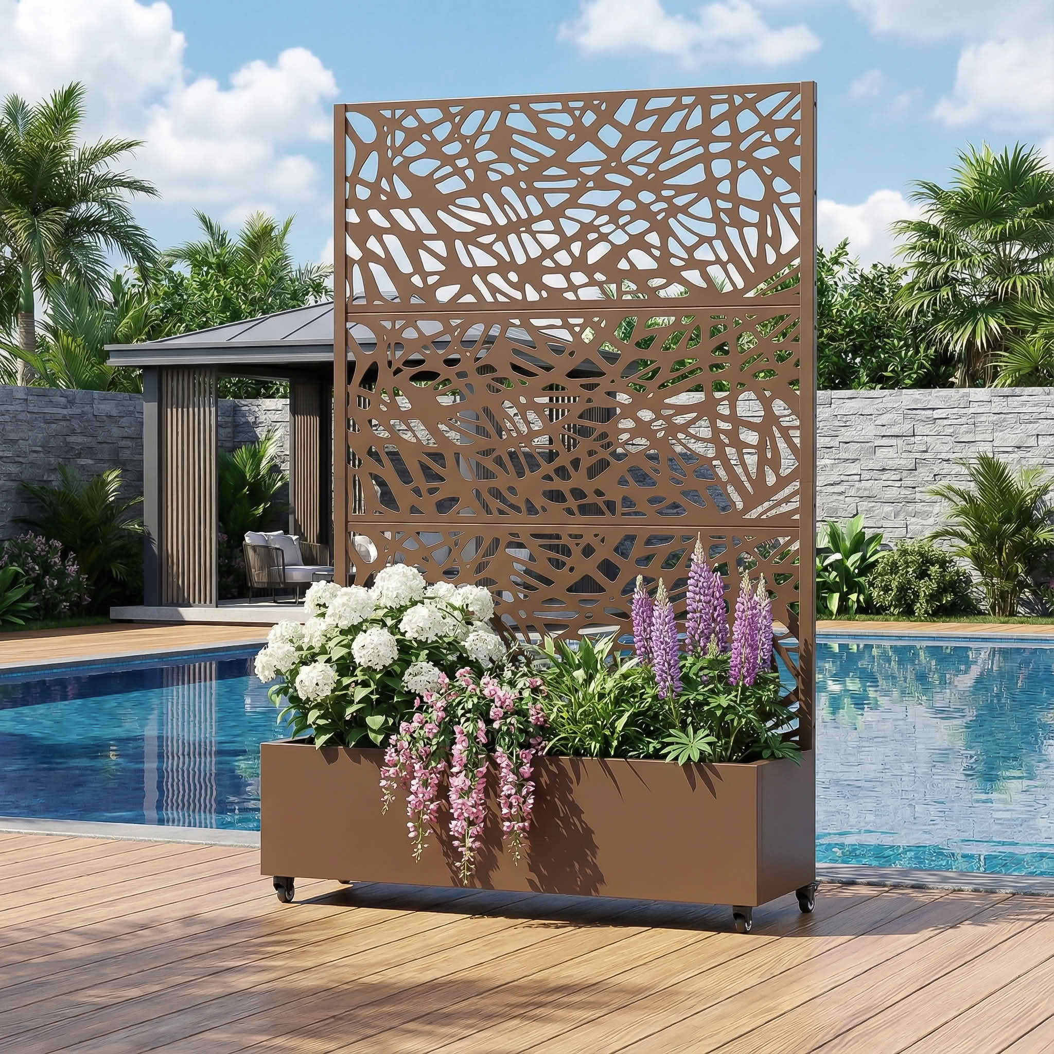 MAYEERTY 72X47" Metal Outdoor Brown Privacy Screen with Planter Box for Backyard & Garden, 3 Piece Set