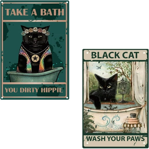 2pcs Funny Bathroom Quote Metal Tin Sign Vintage Black Cat Wash Your Paws Sign Take A Bath You Dirty Hippie for Bathroom Kitchen Cafe Wall Decor 8 x 12 Inch