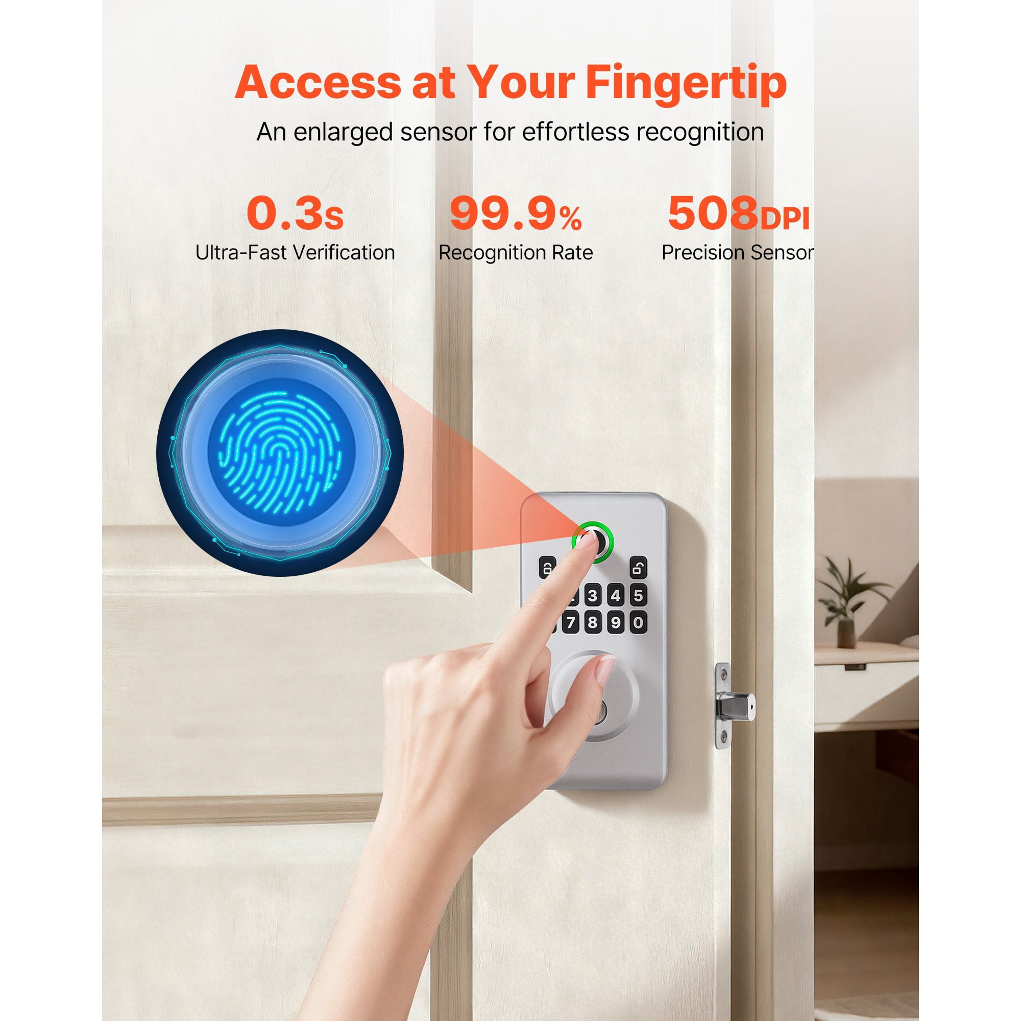 Fingerprint Door Lock, Electronic Biometric Deadbolt with Easy-Grip Design, Auto Locking, One-Time Code, Anti-Peeping, Keyless Entry for Home Apartment Silver