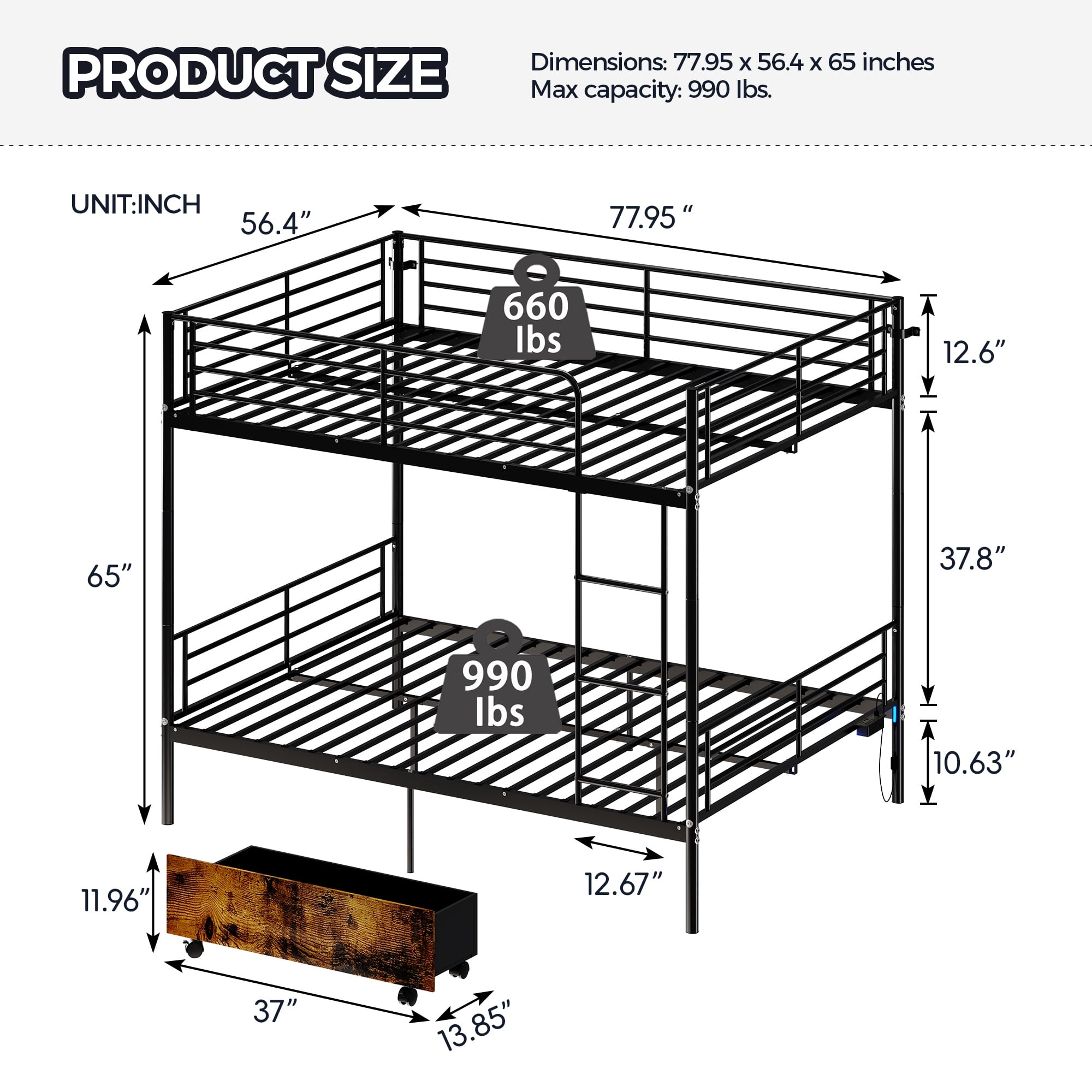MAYEERTY Full Over Full Metal Bunk Bed, Heavy Duty Frame with LED Lights, USB Ports and Storage Drawer for Kids Adults Room, Black