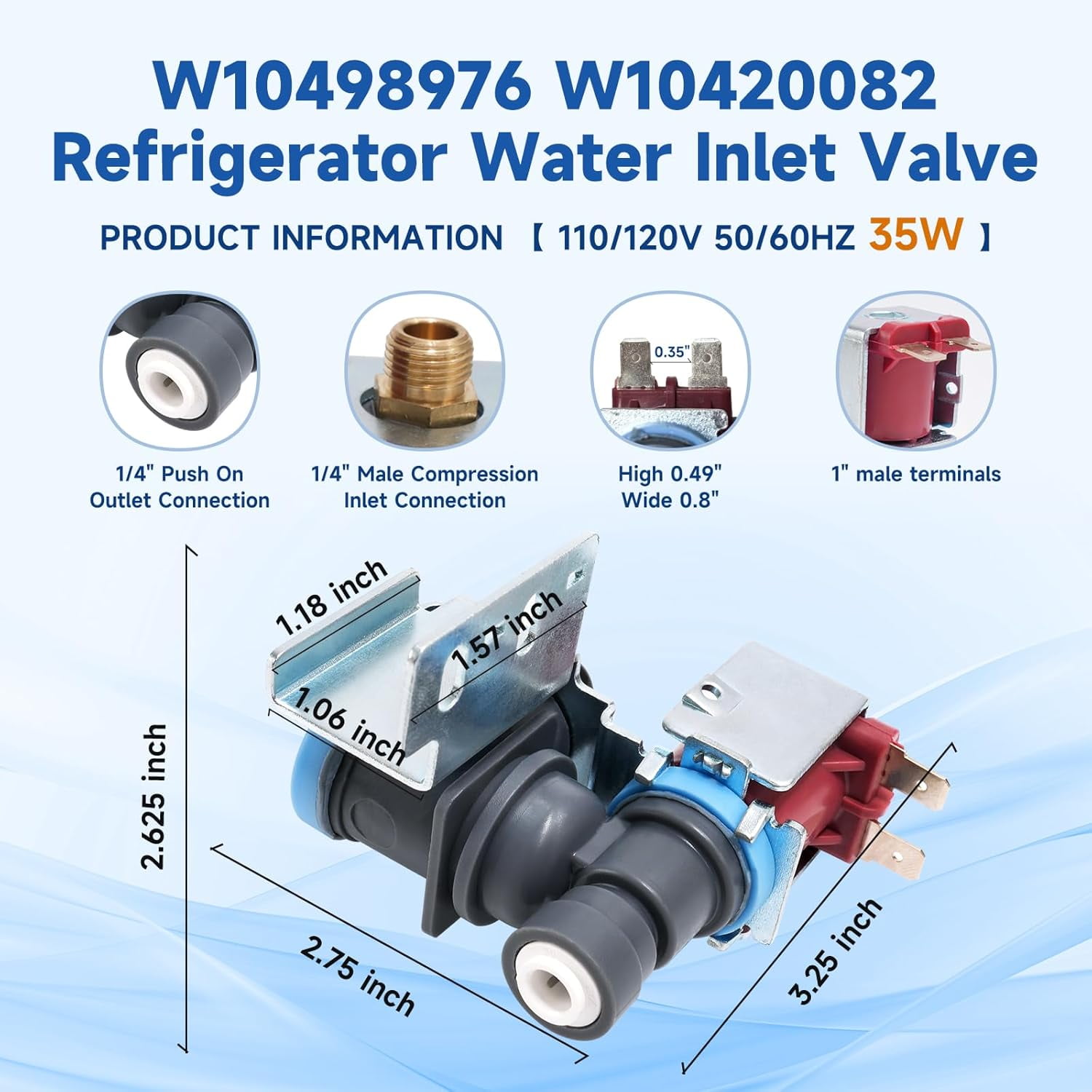RVKXHD WPW10498976 W10498976 Refrigerator Ice Maker Water Inlet Valve Replacement Compatible with Whirlpool Maytag, K-78200 Solenoid Valve Replace W10420082 W10498974 K-78186 PS11755667 WP2315576