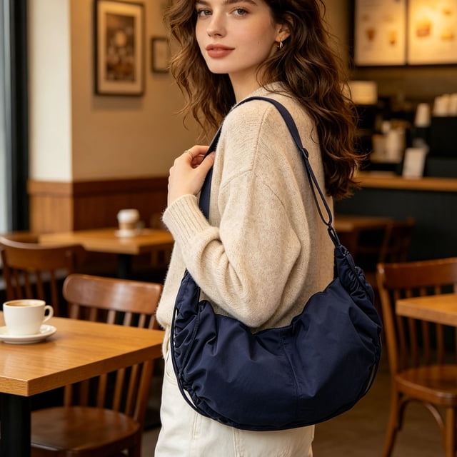 Bolso bandolera para mujer con borla plisada, bolso de hombro en forma de media luna, bolso de nylon tipo dumpling | Gran capacidad para portátil, tableta y cartera | Tejido suave repelente al agua