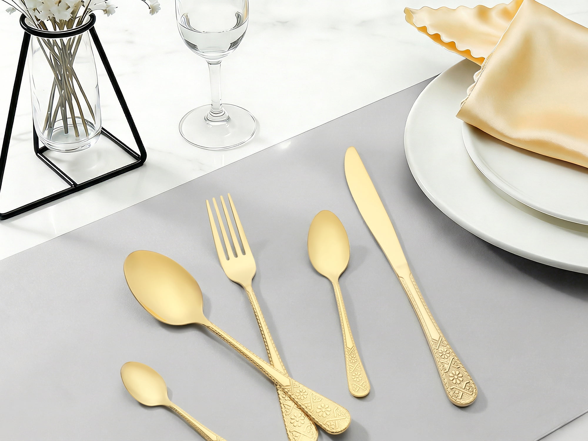 Unique Bargains 20 Piece Stainless Steel Floral Dinner Flatware Set Gold 20
