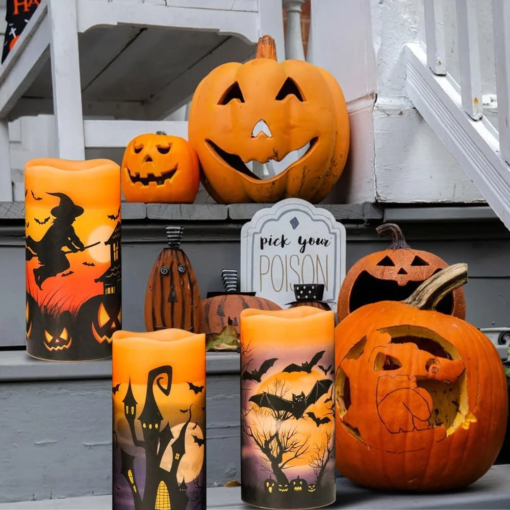 Behome LED Flameless Halloween Candles with Remote and Timer, Battery Operated, Real Wax Flickering Pillar Candles, Flat Wick & Dimmable Light, Castle Witch Bats Holiday Decor(3 Pack, 3 x 6 Inches)