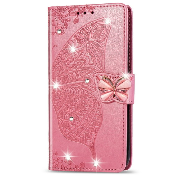 For iPhone 16 Pro Wallet Phone Case,Flip Folding Kickstand,With Wrist Strap,Card Slots,Luxury Diamond Butterfly&Flower Embossing PU Leather Shockproof Anti-fall Phone Case,Pink