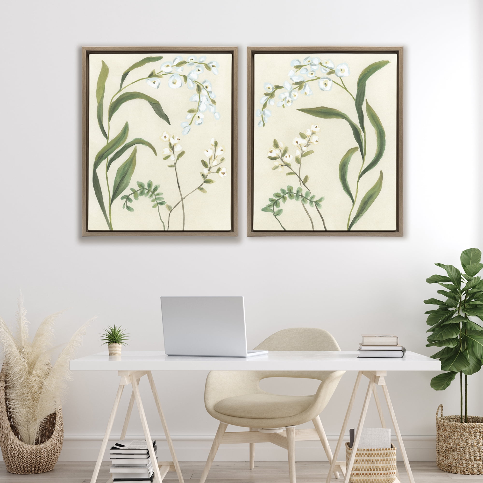 Stupell Industries Vintage Snowdrop Stems 2 Piece Brown Framed Floater Canvas Set, design by June Erica Vess
