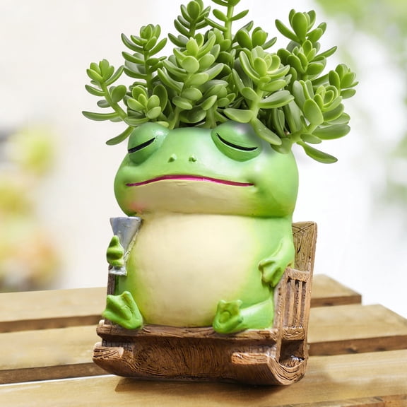 Quoowiit Resin Frog Rocking Chair Plant Pots, 5.1" with Drainage Holes for Small Succulents, Indoor and Outdoor Use