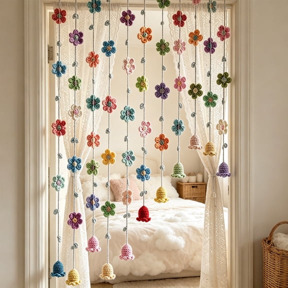 Woven Door Curtain Flower Shaped Beaded Curtain Boho Hanging Decor for Bedroom Doorway Cloth Flower Strips for Home Decoration 9 Pack Floral Curtain for Indoor Room Divider Window Archway