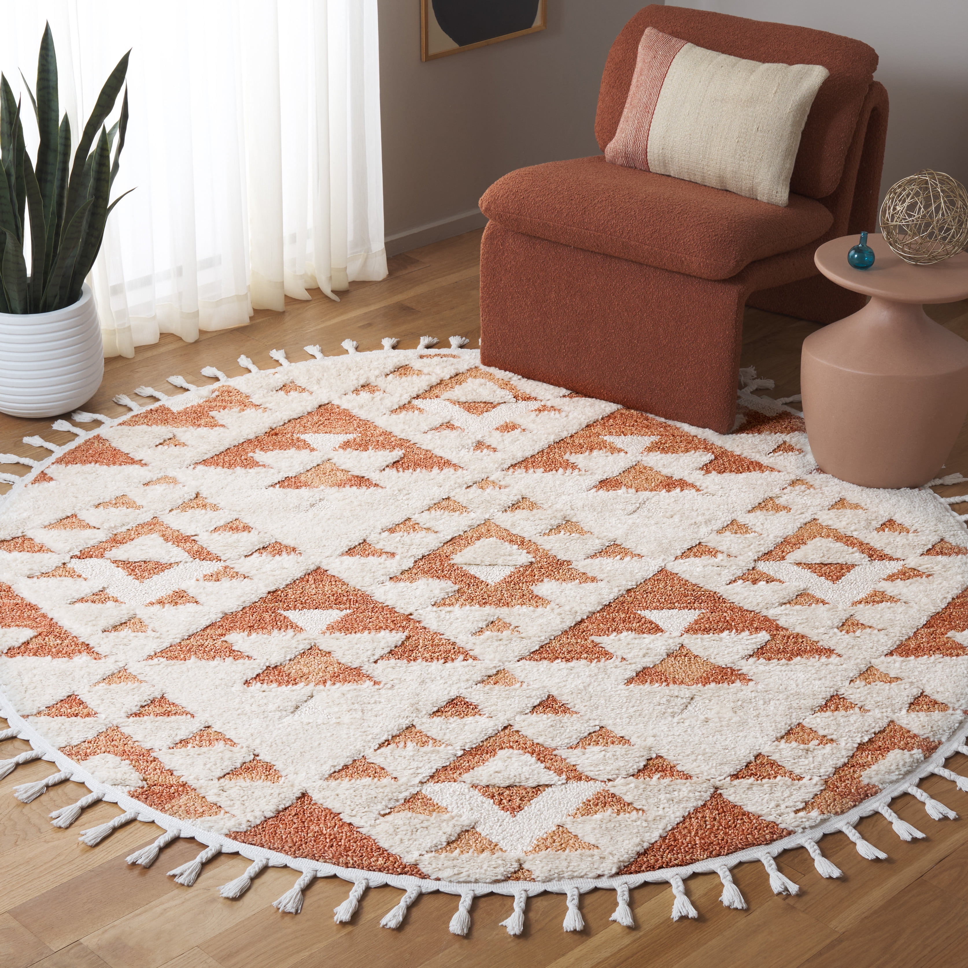 Safavieh Moroccan Tassel Larry Geometric Shag Area Rug, Ivory/Brick Rust, 8' x 8' Round