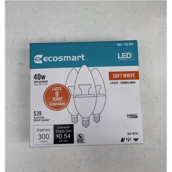 EcoSmart 40-Watt Equivalent B11 Dimmable LED Light Bulb Soft White (3-Pack)