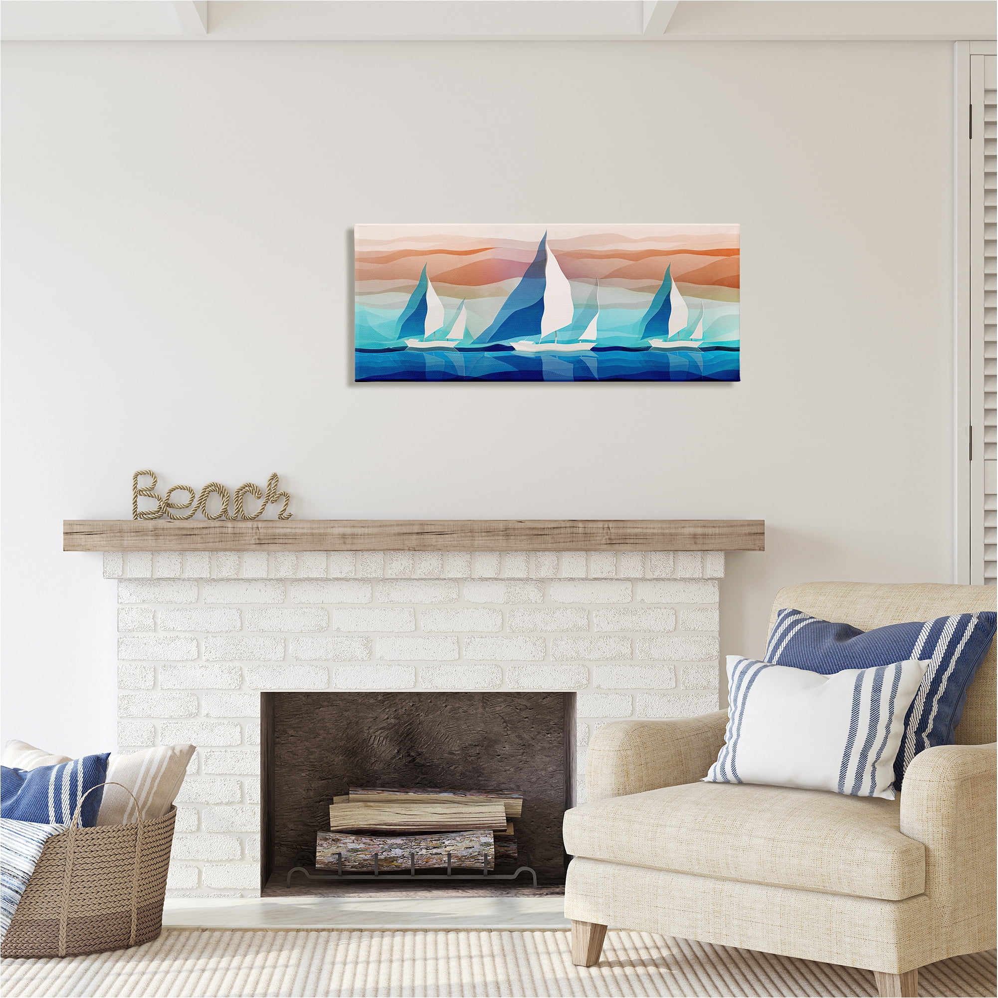Stupell Industries Geometric Sailboats Scenery Transportation Painting Gallery Wrapped Canvas Art Print Wall Art, 40 x 17
