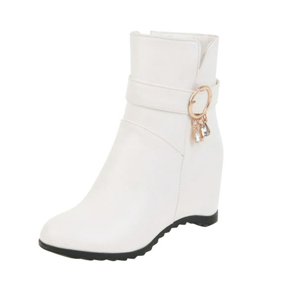 Bmisegm Fashion Solid Color Leather Rhinestone Decorative Belt Buckle Wedge Heel Side Zipper Boots Shoes Boots for Women White 7.5