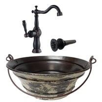 15" Copper Vessel Bucket Bathroom Sink with White Distressed Exterior (Combo)