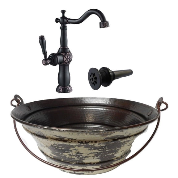 15" Copper Vessel Bucket Bathroom Sink with White Distressed Exterior (Combo)