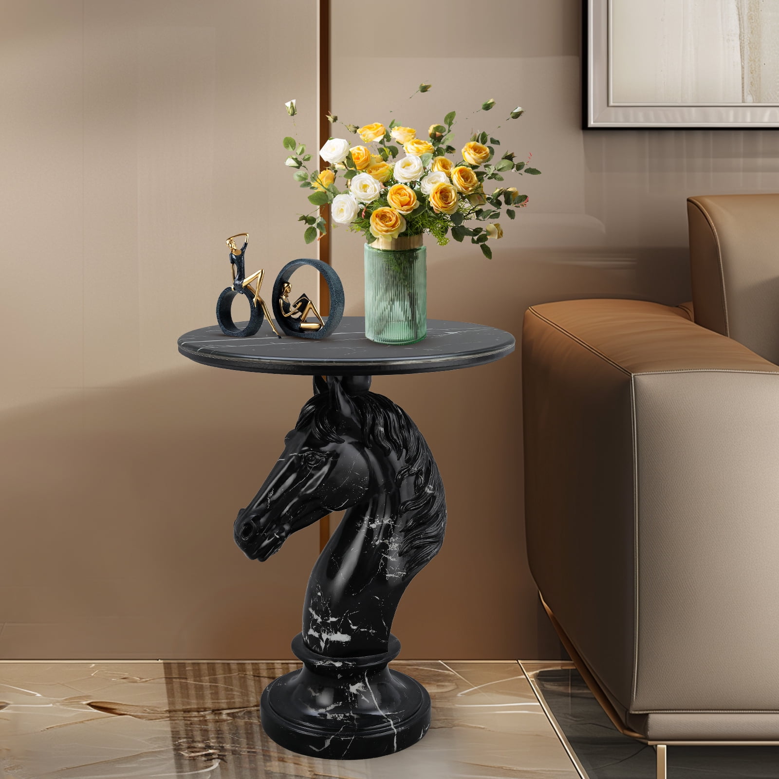 Horse Head Accent Table, Animal Statue End Table with Faux Marble Top, Resin Sculpture Side Table for Living Room, Office, Equestrian Themed Decor, Black
