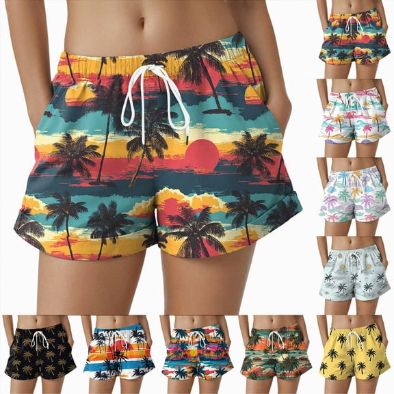 Mnuaqn Women Drawstring Board Shorts Floral Beach Swim Shorts Summer Swim Trunks with Pockets (Black, L)