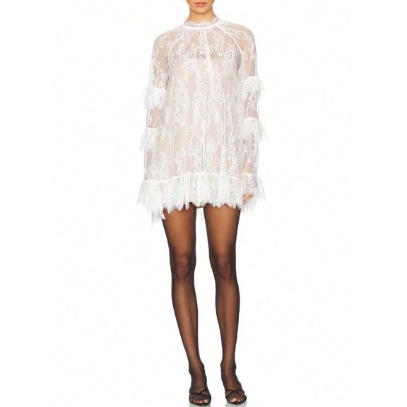 White Womens Lace Mini Dress Long Sleeve High Neck See-Through Cocktail Party Dress