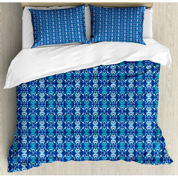 Blue King Size Duvet Cover Set Scribble Style Ethnic Pattern With