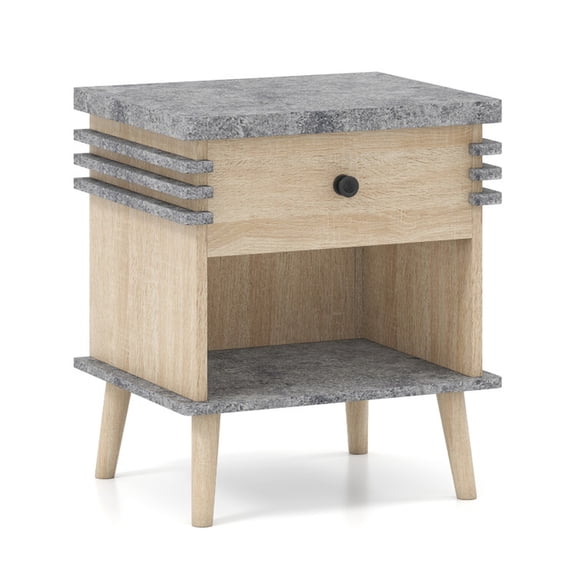 Furnibear 3-Tier Nightstand with Faux Marble Top, Bedside Table End Table with Shelves, Grey