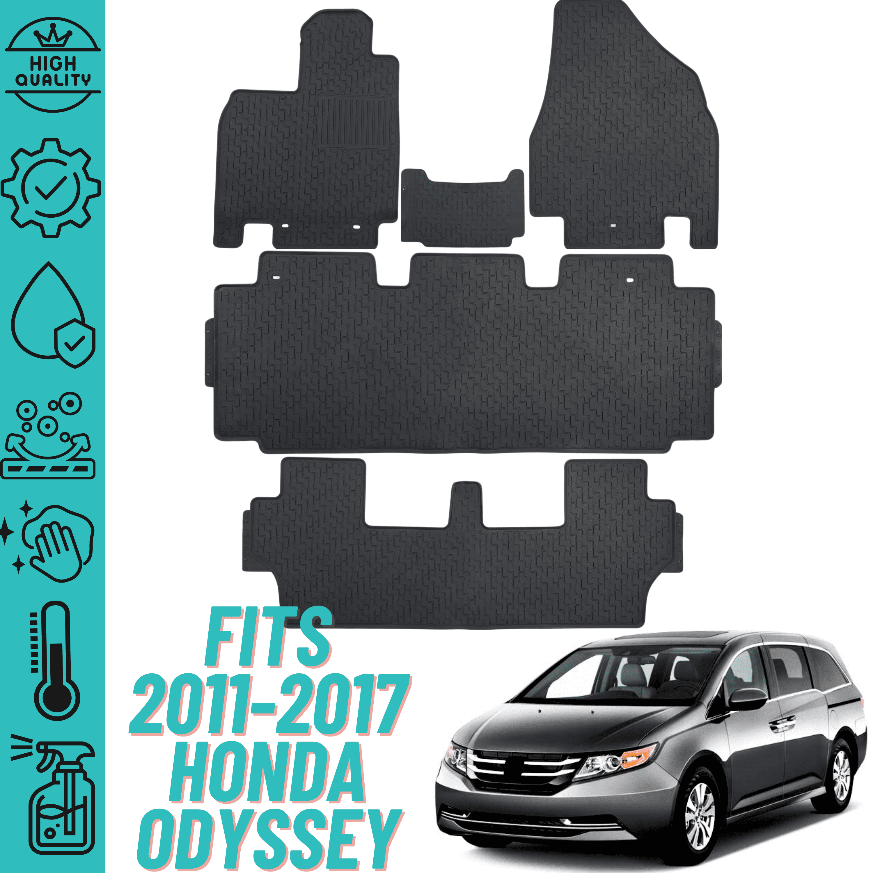 Floor Mats For 2011-2017 Honda Odyssey (RL5) Heavy Duty Custom Fit All Weather Floor Liner 3 ROW Full Set Rubber