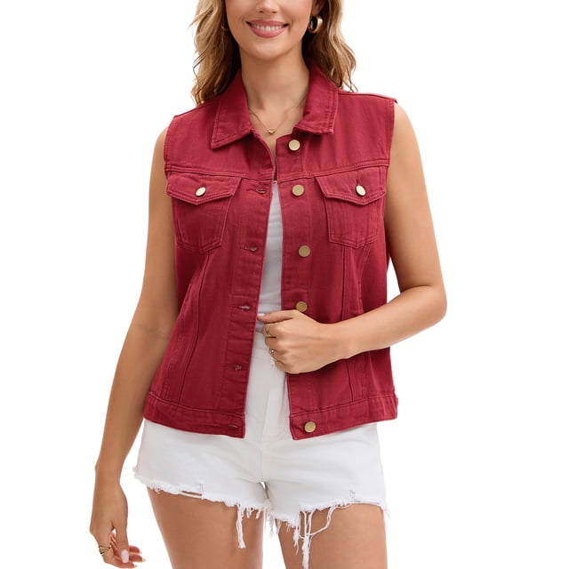 INSPIRE CHIC Women's Denim Vest Button Down Washed Distressed Sleeveless Jean Jacket with Pockets Red M