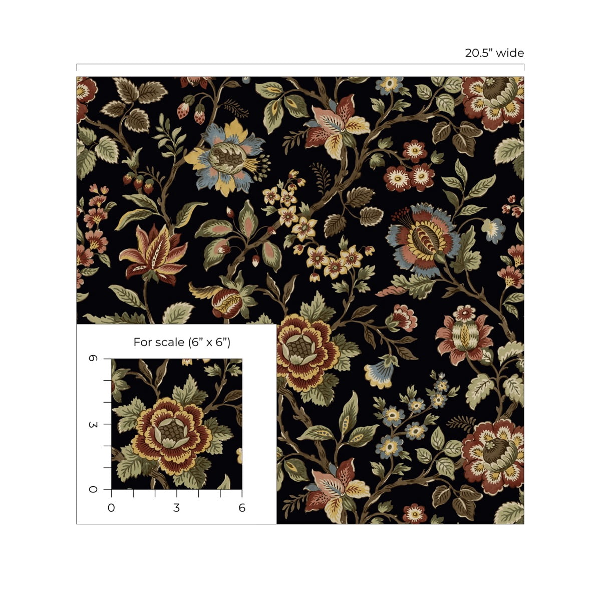 Stacy Garcia Home Ebony Jacobean Floral Trail Peel and Stick Wallpaper - 20.5 in. W x 10 ft. L Roll