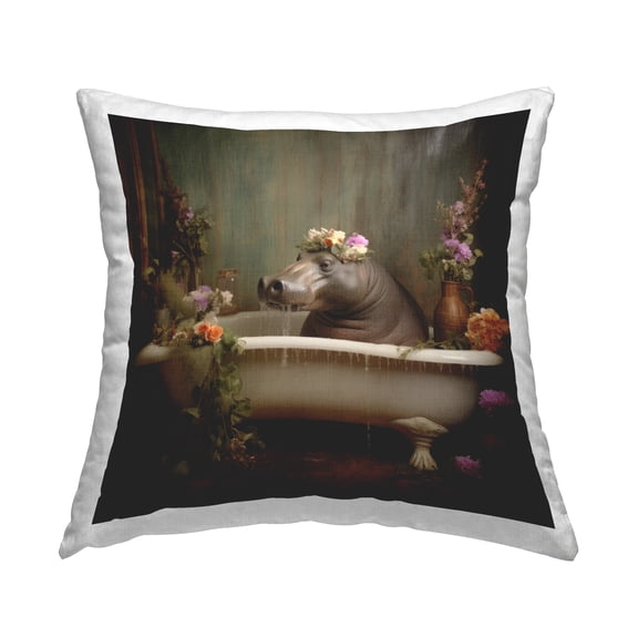 Stupell Industries Hippo in Floral Bathtub Decorative Printed Throw Pillow, 18 x 18
