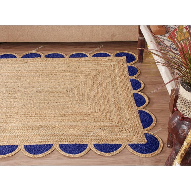 SSE Scalloped Runner Rug, Jute Scallop Rug, Jute Runner Rug, Natural Jute Rug, Hallway Runner Rug, Runner Custom Rug, Custom Size Rug (Navy Blue, 2.5x14 ft)