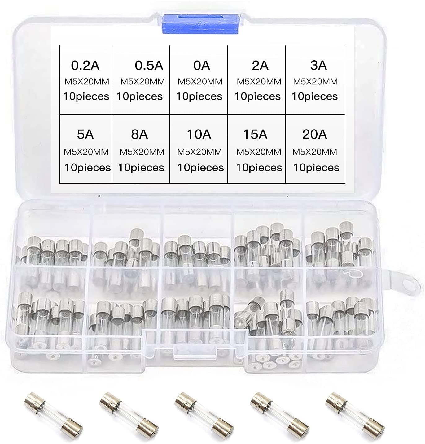 BULK FUSES Small Glass FUSE assortment pack 100pcs Variety pack 5x20 mm 