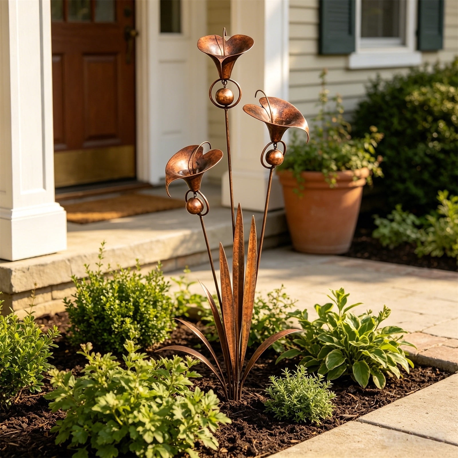 Three Calla Lilies Garden Stake with Bells, Flamed Copper Rain Catcher Flower Handmade 24inch Large Whimsical Metal Plant Sculpture Yard Art Decor, Rustic Wind Chime Ornament Gift