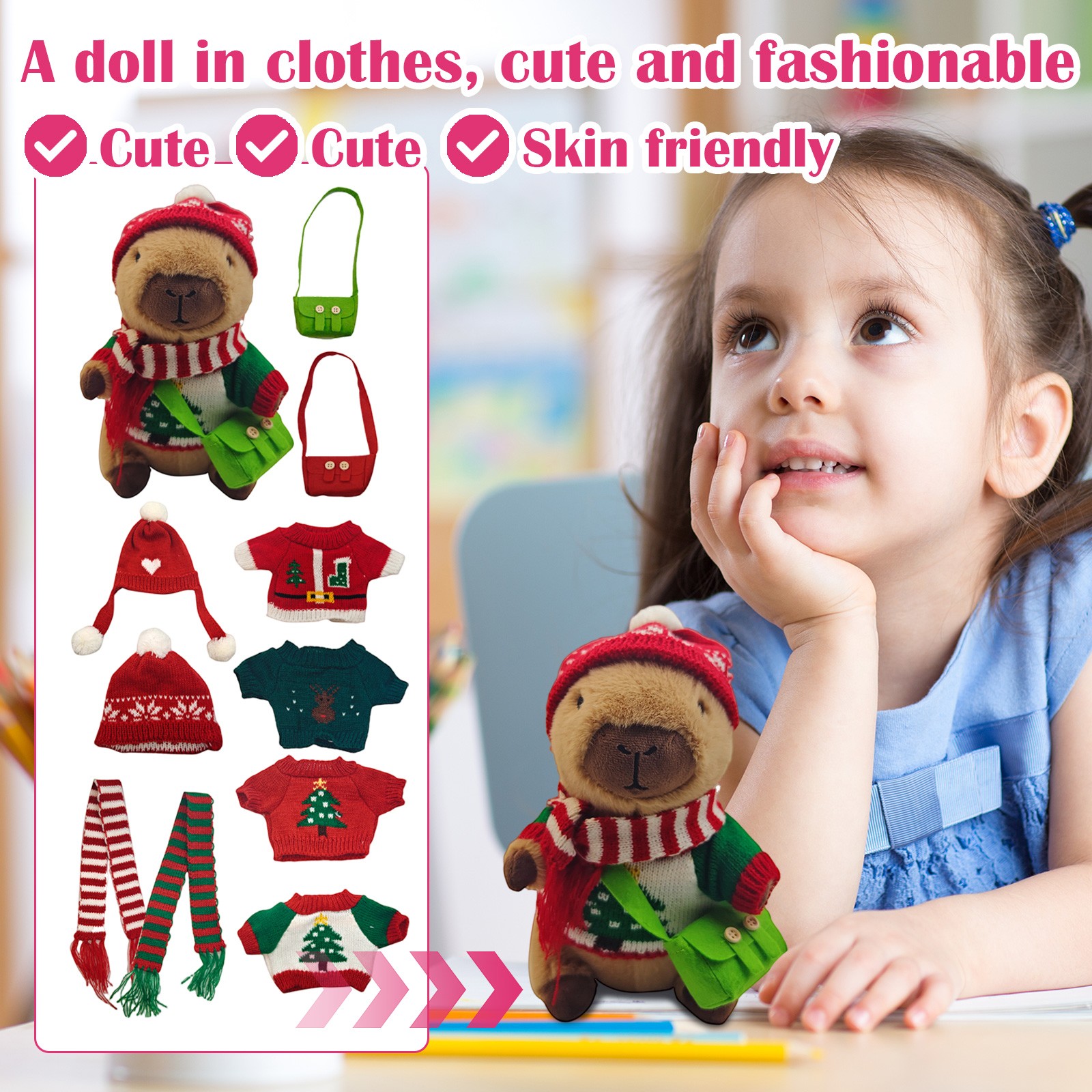 9.84" Capybara Plush Toy Set (11Pcs) - 1*Plush Dolls & 4*Clothings & 2*Head Covers & 2*Bags & 2* Scarves - Cuddly Soft Huggable Stuffed Animals Toy Pillows, Perfect Gifts for Women Teens & Fans