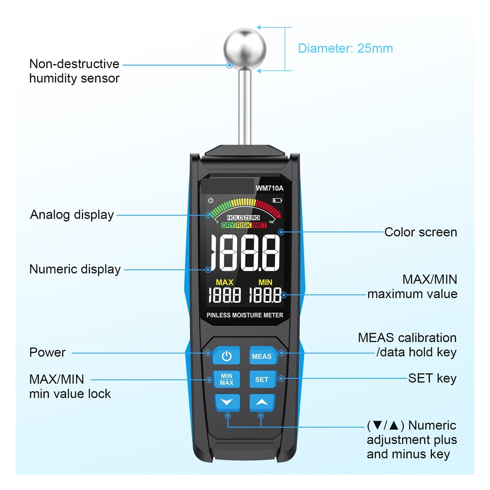 Wood Timber Damp Detector Alarm Function Humidity Tester Non-contact Spherical Hygrometer Moisture Detect ,Accurate Test Read