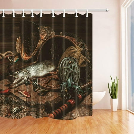 BPBOP Western Fishing Rod and Basket with Pike Polyester Fabric Bath Curtain, Bathroom Shower Curtain 66x72