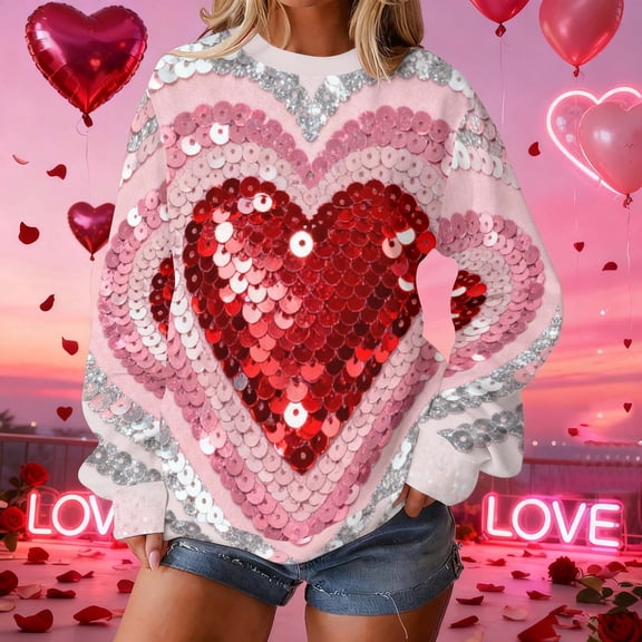 Craaazy Women's Cute Valentines Day Tops Loose Crew Neck Long Sleeve T-Shirts