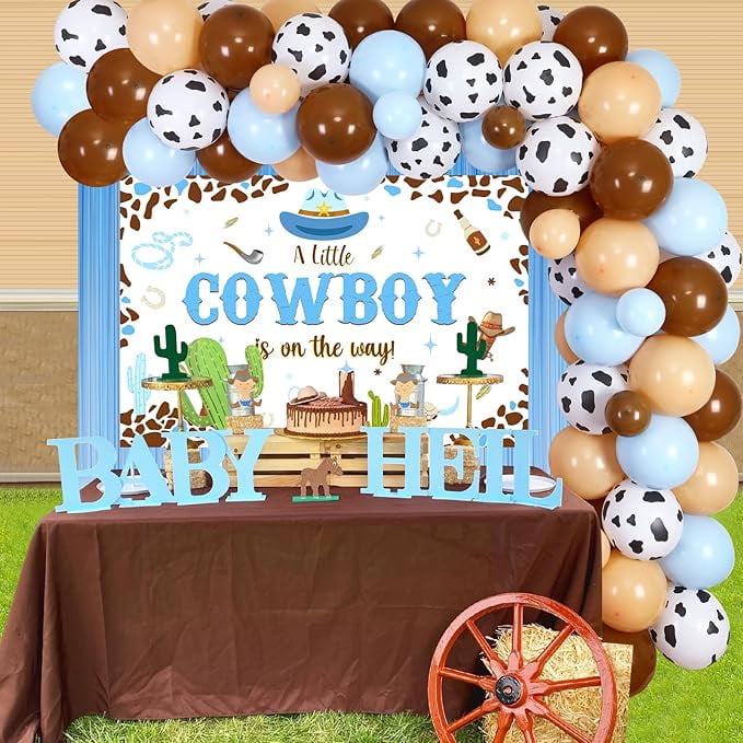 Cowboy Baby Shower Decorations for Boy, A Little Cowboy is on the Way Backdrop, Western Theme Baby Shower Decorations Blue Balloon Garland Arch Kit for Wild West Baby Shower