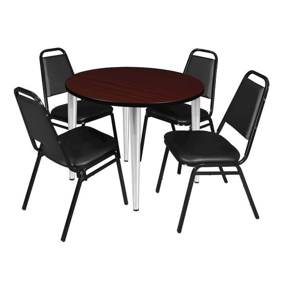 Regency 42 Round Breakroom Table- Mahogany Top, Chrome Base & 4 Stack Chairs- Black