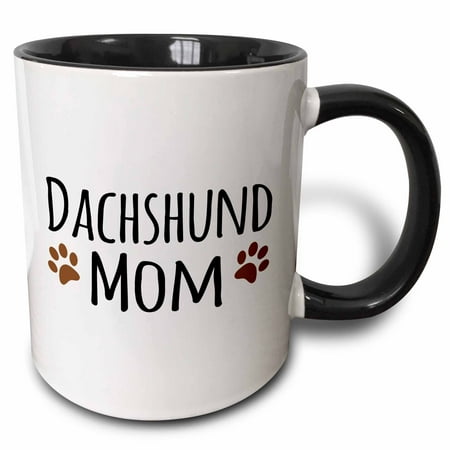 - 3dRose Dachshund Dog Mom - Doggie by breed - brown muddy paw prints doggy lover proud mama pet owner love, Two Tone Black Mug, 11oz