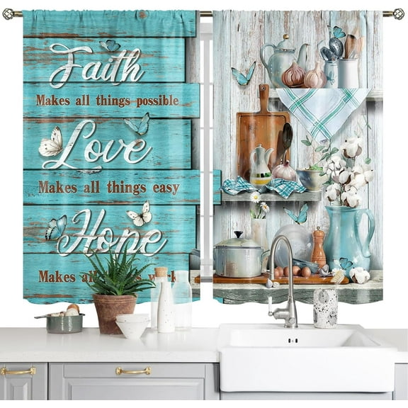 Rustic Kitchen Curtains Rod Pocket Farmhouse Wooden Vintage Blue Country Retro Fork Spoon Barn Small Short Cafe Tier Kitchen Curtain Window Treatment Drapes Decor 28x39 Inch