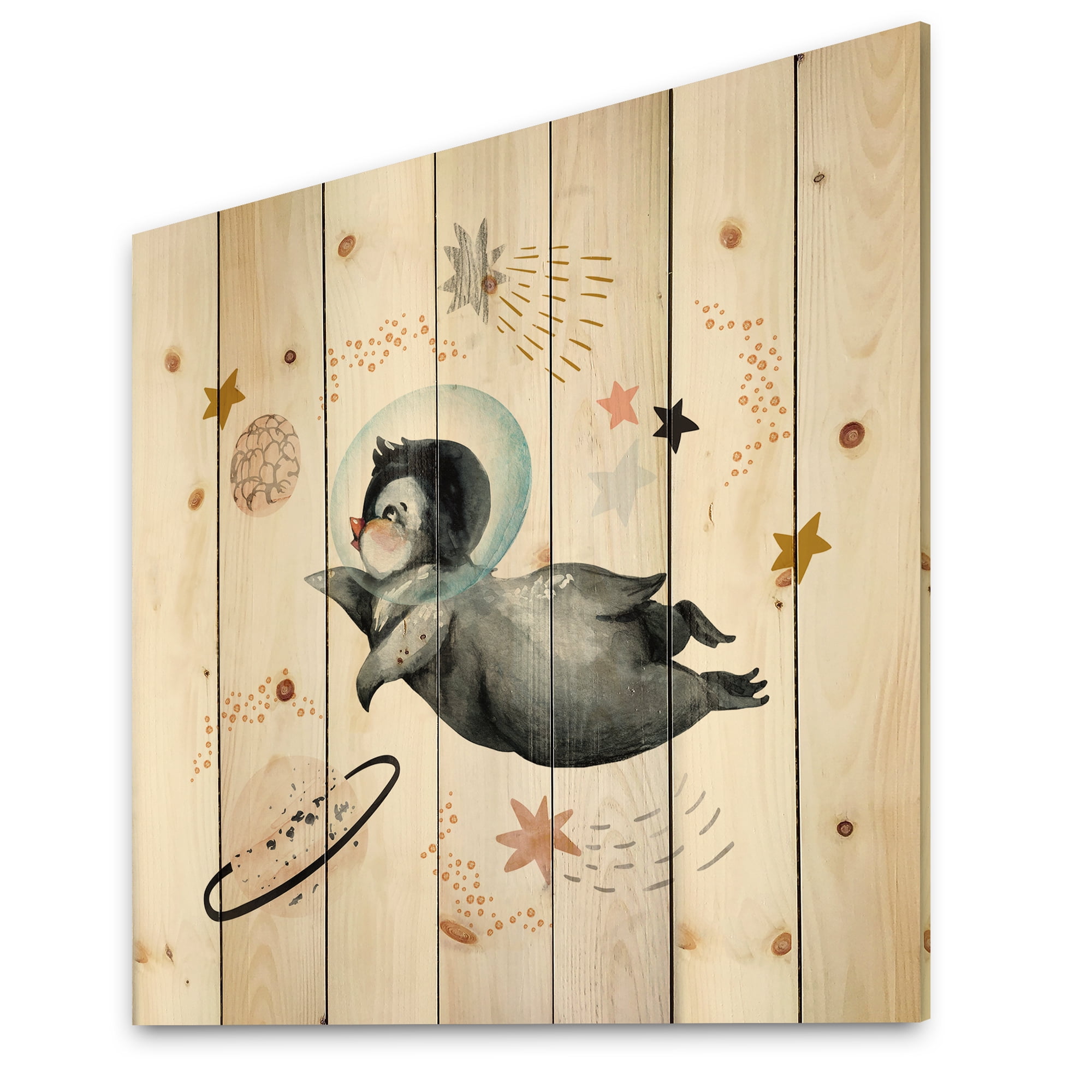 Designart 'Little Penguin Flying Planets and Stars II' Farmhouse Print on Natural Pine Wood
