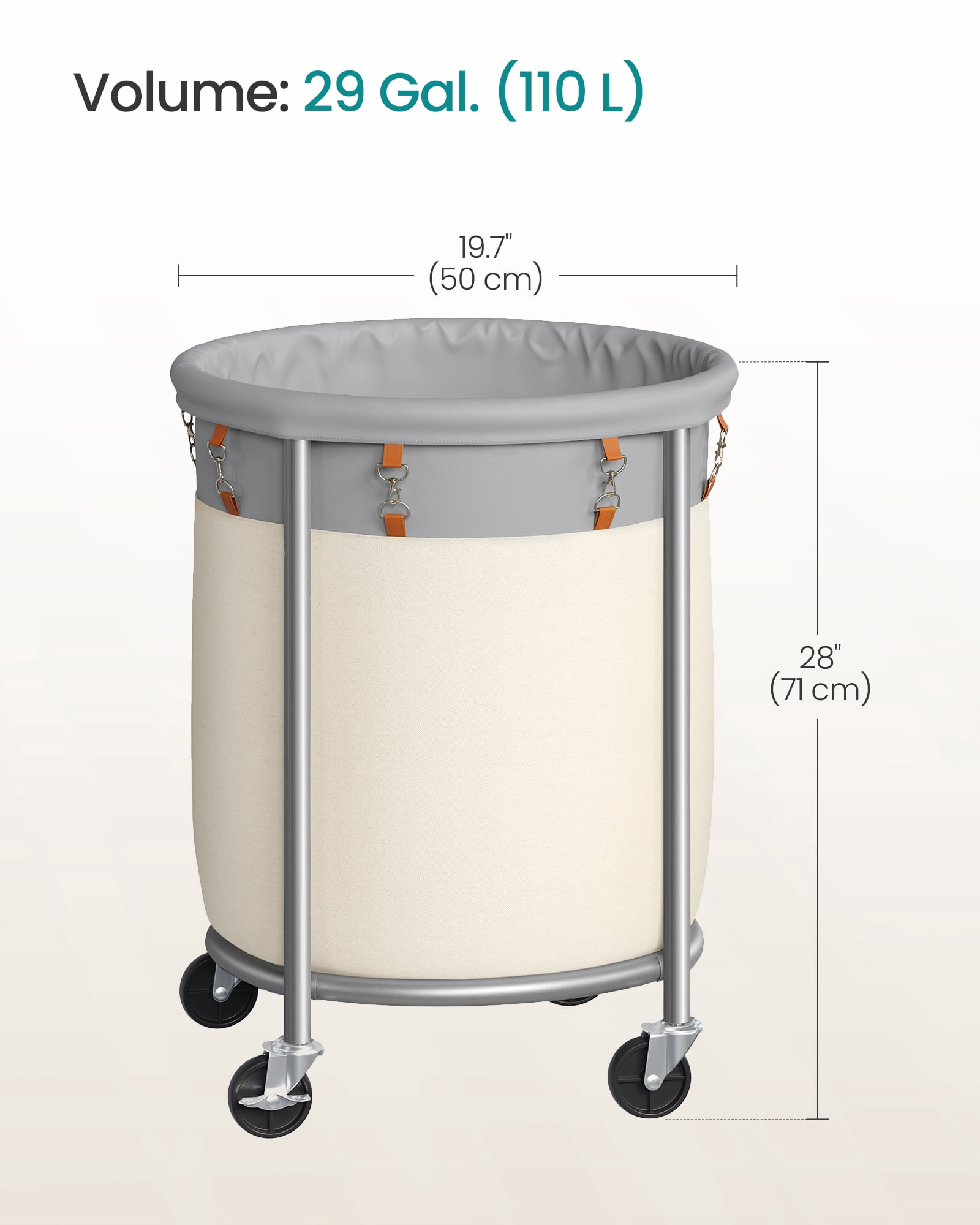 SONGMICS 29-Gallon (110 L) Laundry Basket with Wheels, Rolling,with Steel Frame and Removable Bag, 2 Locking Wheels, Dove Gray and Cream White